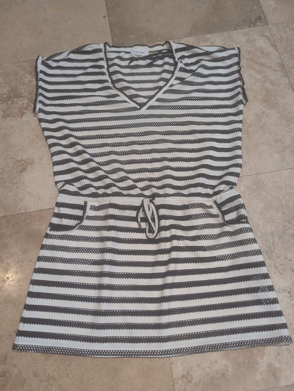 Calvin Klein S/M Black White Striped Mesh Swim Cover Up Belted Tunic Pockets